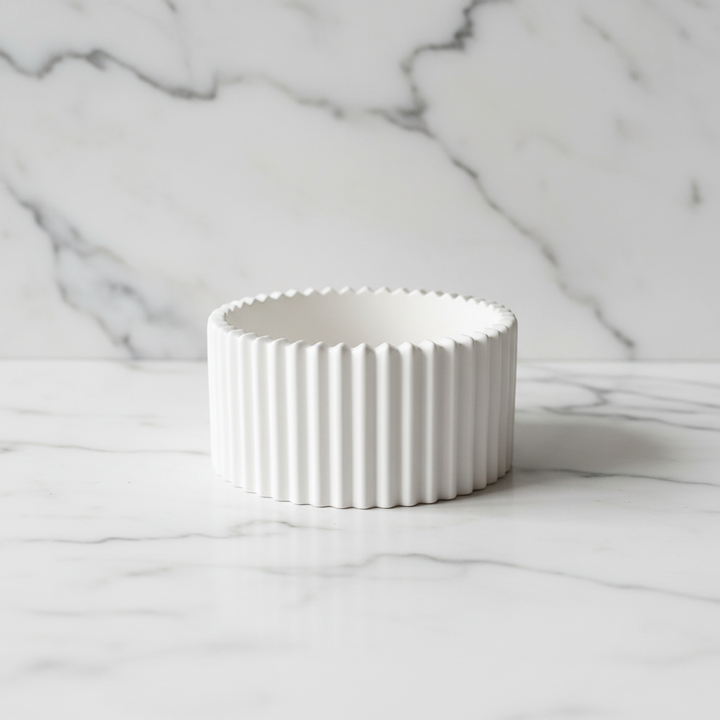 White ribbed ceramic bowl on marble